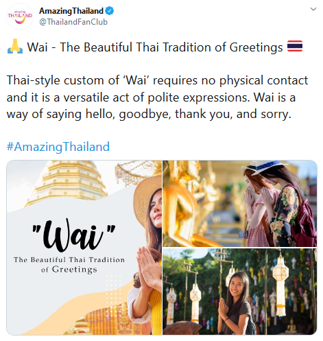 Twitter post from Amazing Thailand about the Wai traditional greeting