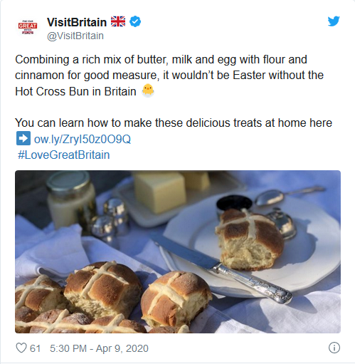 Twitter post from Visit Britain with a hot cross bun recipe