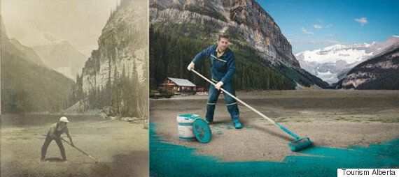 Picture of a man painting Lake Louise Turquoise Blue as part of an advertising campaign with Pantone