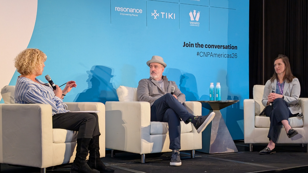 Clare Dewhirst shares the stage at City Nation Place Americas with Royce Chwin, CEO of Destination Vancouver, and Katie Fitzmaurice, EVP at Invest Vancouver.